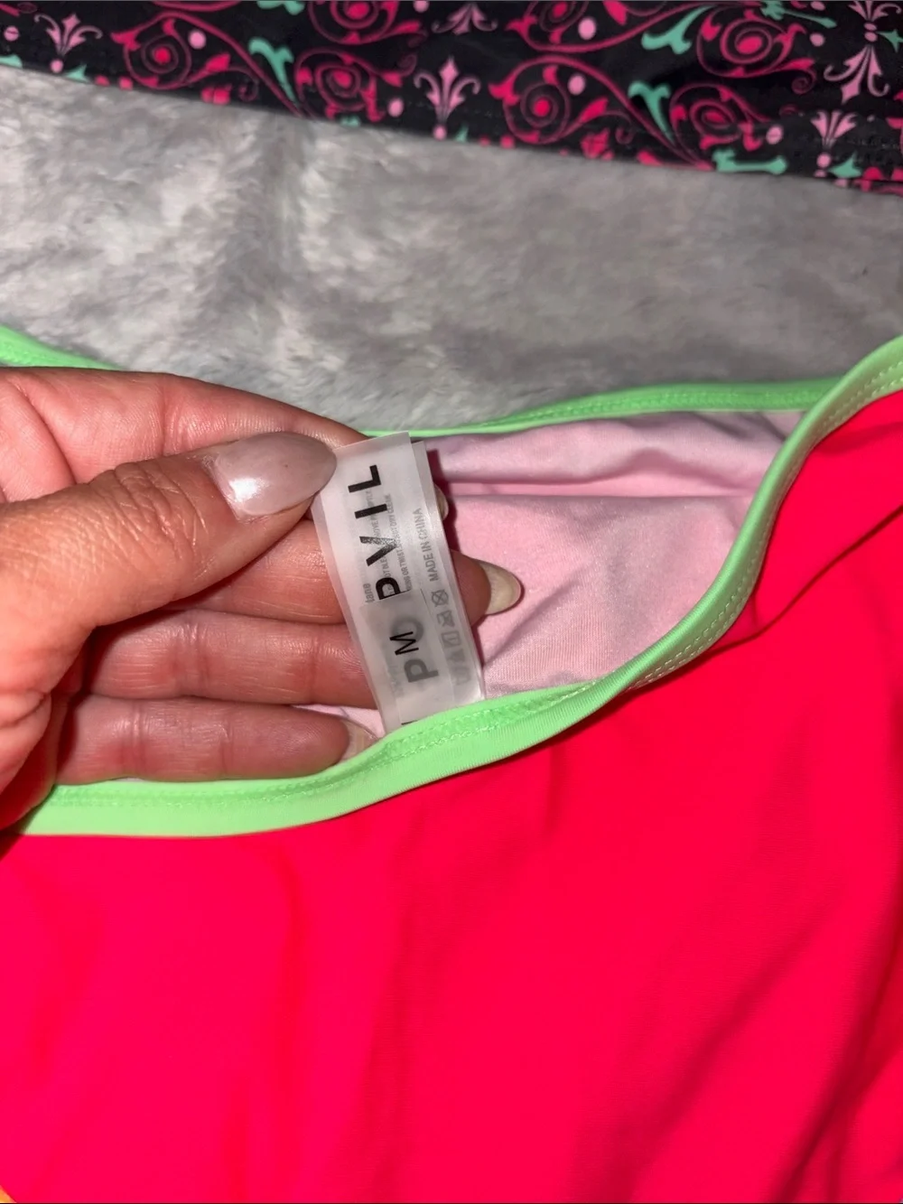 Cupshe Neon Pink High Waist Bikini Set with Black Patterned Top